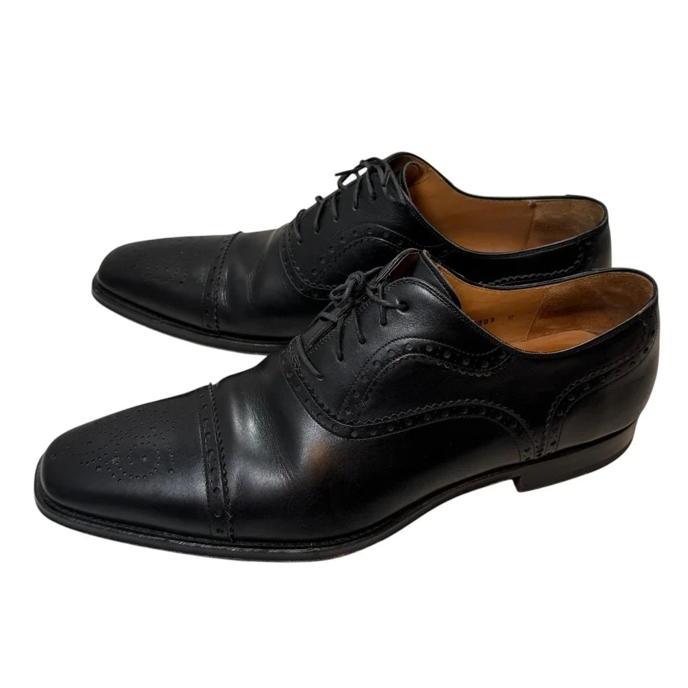 Magnanni Black Brogue Cap Toe Oxford Dress Shoes Medallion Men's 10.5 M